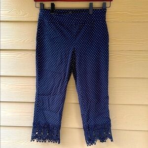 Attyre Navy Pull-on Navy Blue Polka Dot Cropped Pants with Lace Hem Size 12